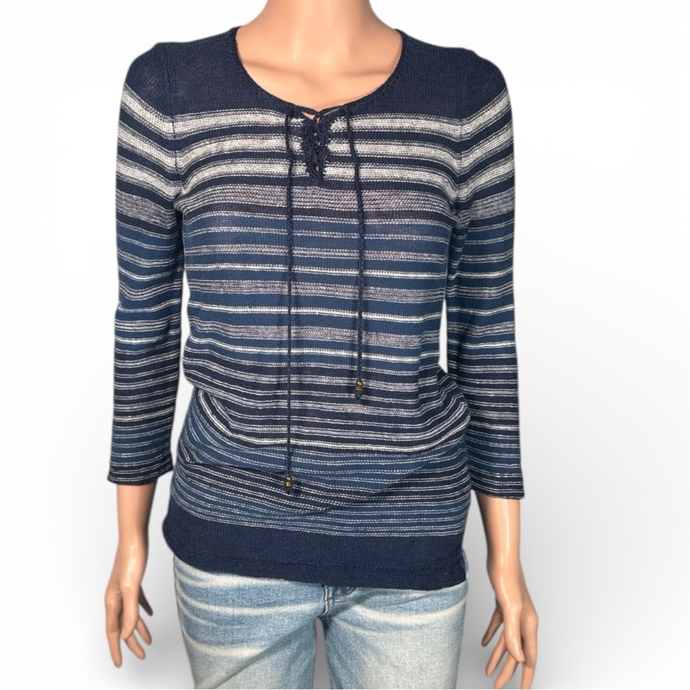 Lauren Jeans Co Ralph Lauren Blue Striped Linen Blend Lace Up Sweater Small